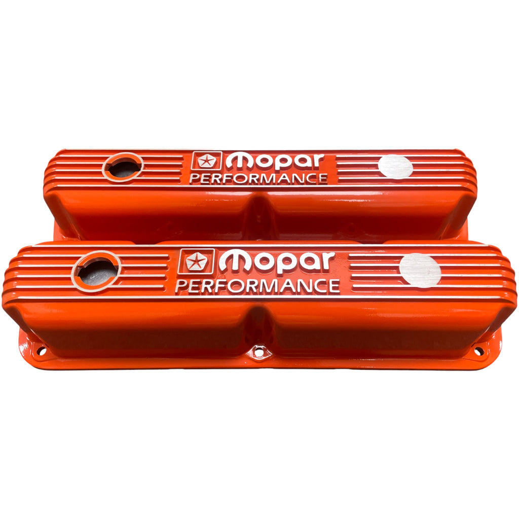 Mopar Performance 318, 340, 360 Valve Covers | Die Cast Aluminum - Mopar Performance Logo | Orange Powder Coat