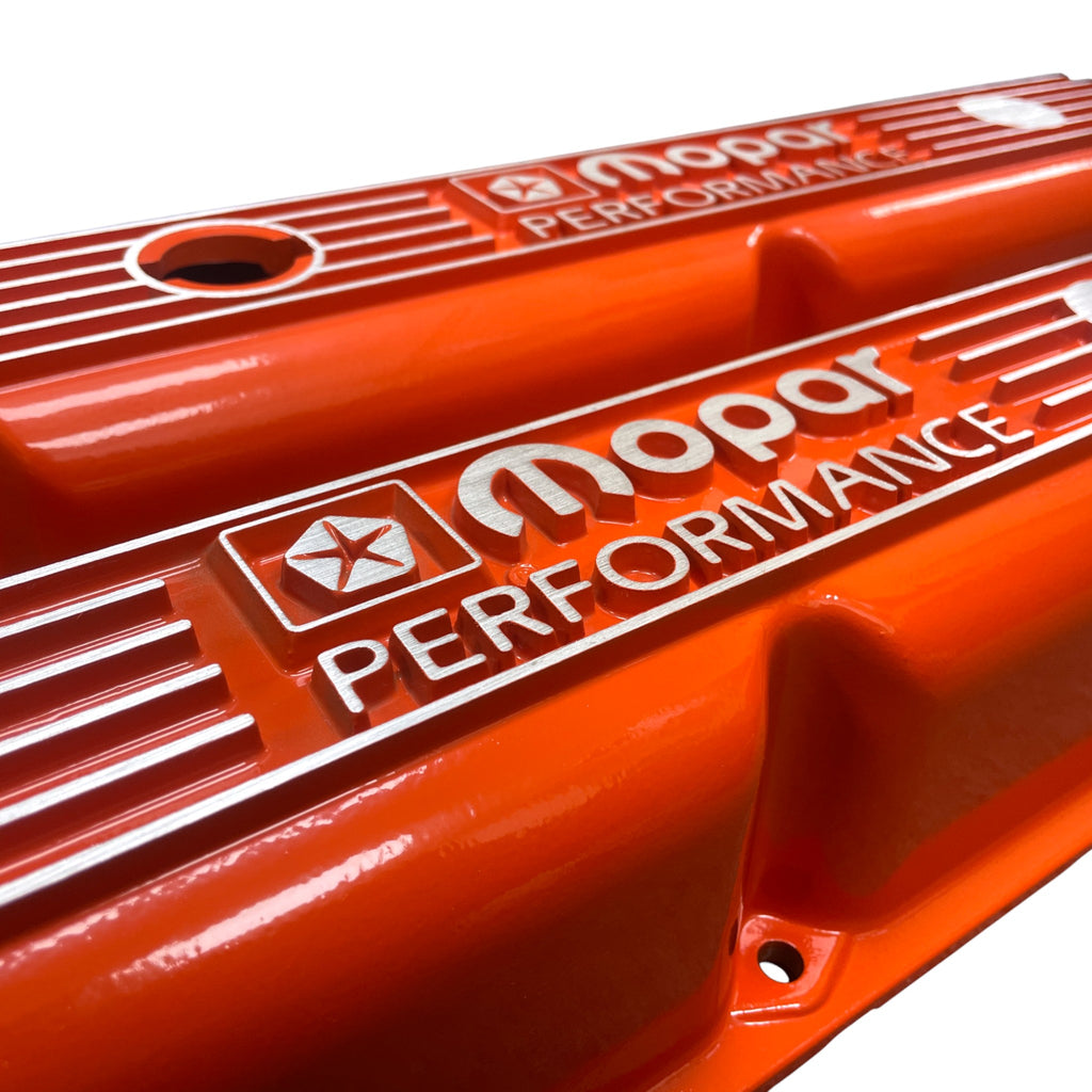 Mopar Performance 318, 340, 360 Valve Covers | Die Cast Aluminum - Mopar Performance Logo | Orange Powder Coat