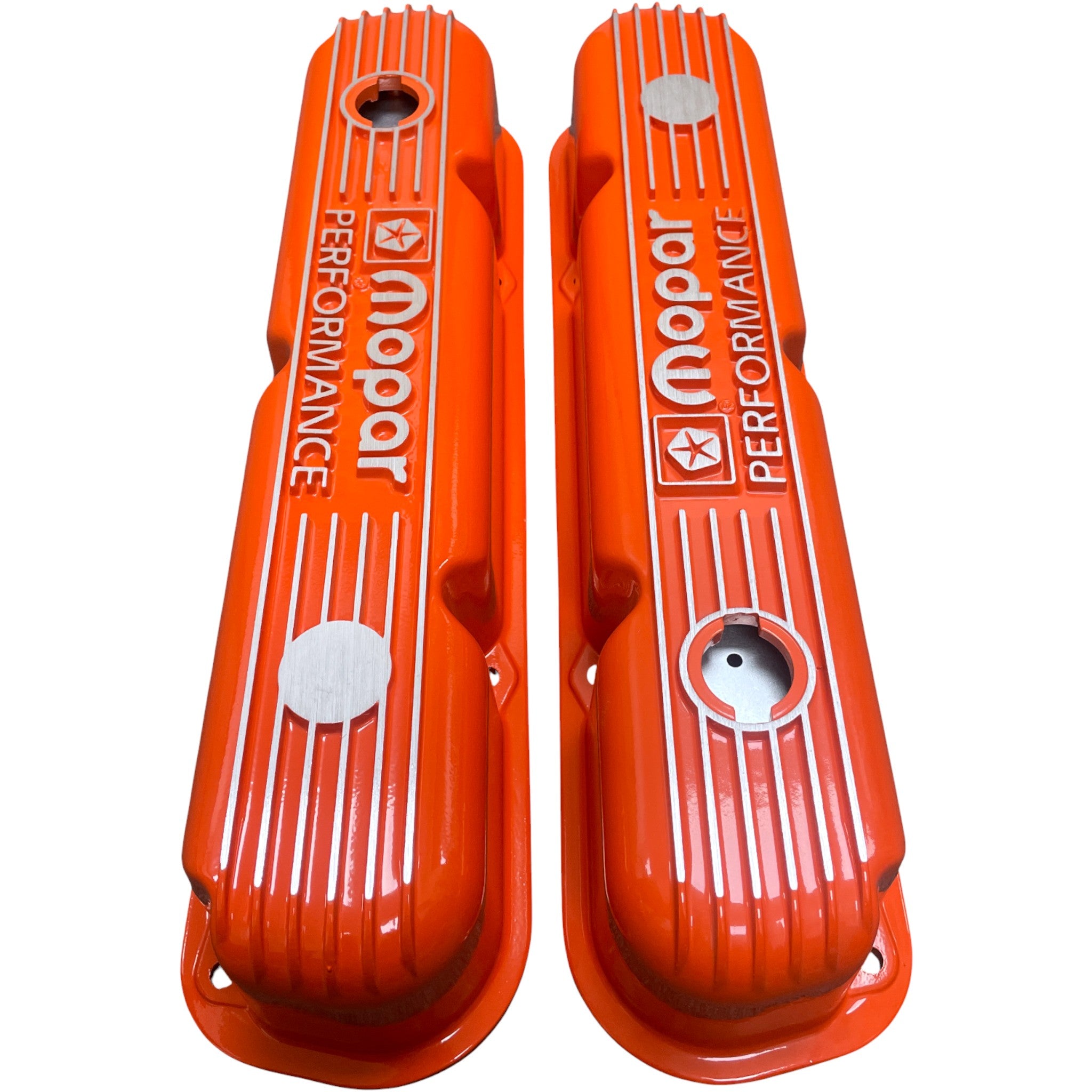 Mopar Performance 318, 340, 360 Valve Covers | Die Cast Aluminum - Mopar Performance Logo | Orange Powder Coat
