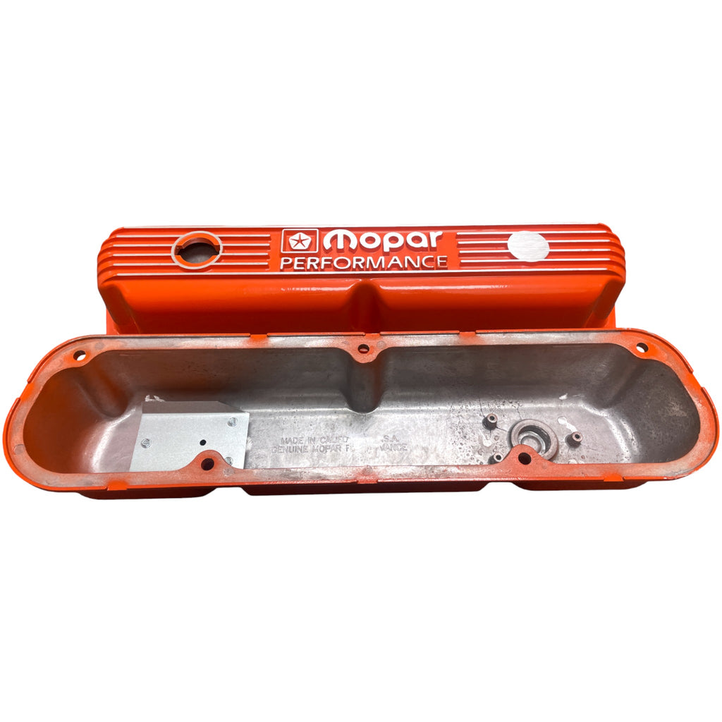 Mopar Performance 318, 340, 360 Valve Covers | Die Cast Aluminum - Mopar Performance Logo | Orange Powder Coat