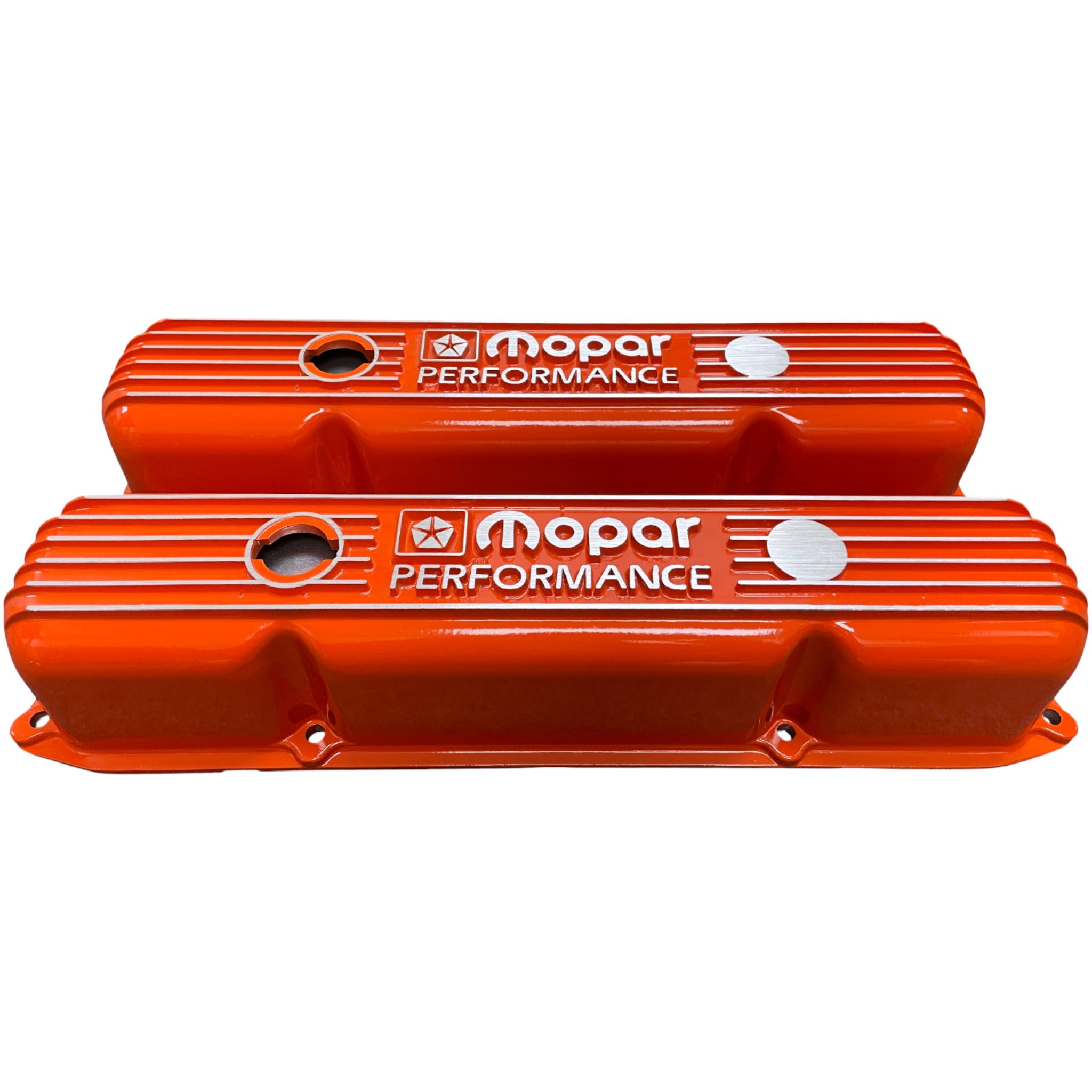 Mopar 383, 400, 440 Valve Covers | Die Cast Aluminum - Mopar Performance Logo | Orange Powder Coat
