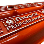 Mopar 383, 400, 440 Valve Covers | Die Cast Aluminum - Mopar Performance Logo | Orange Powder Coat