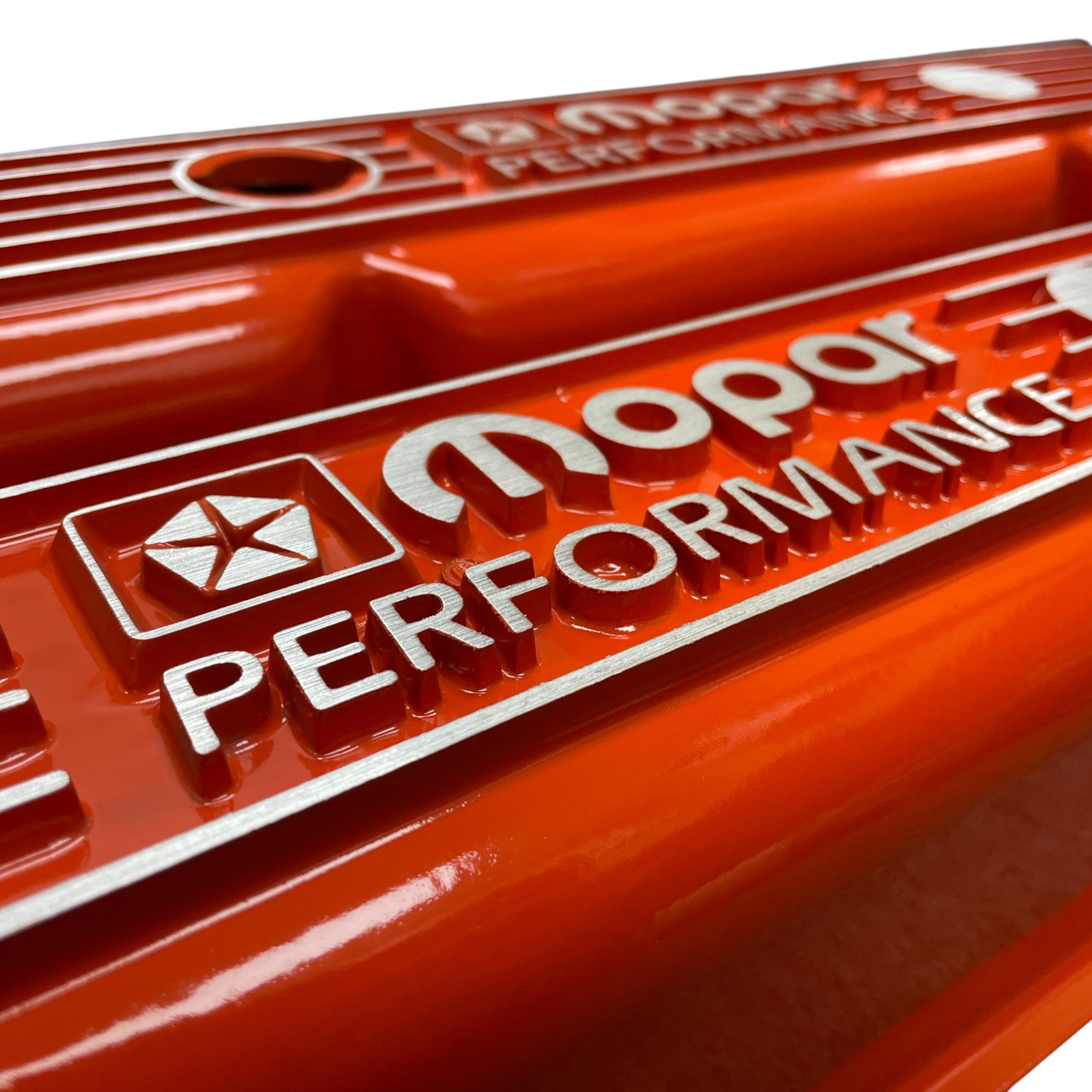 Mopar 383, 400, 440 Valve Covers | Die Cast Aluminum - Mopar Performance Logo | Orange Powder Coat