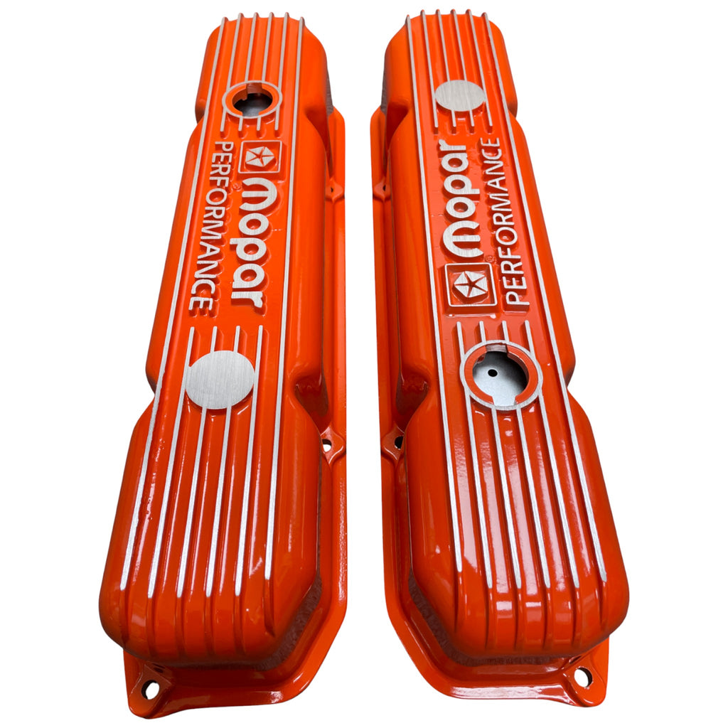 Mopar 383, 400, 440 Valve Covers | Die Cast Aluminum - Mopar Performance Logo | Orange Powder Coat