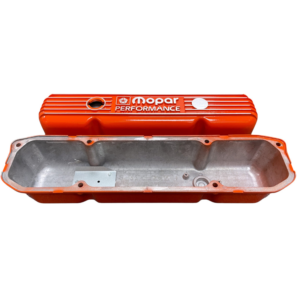 Mopar 383, 400, 440 Valve Covers | Die Cast Aluminum - Mopar Performance Logo | Orange Powder Coat