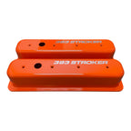 Small Block Chevy Centerbolt Valve Covers | Die Cast Aluminum - 383 Stroker Logo | Orange Powder Coat Finish