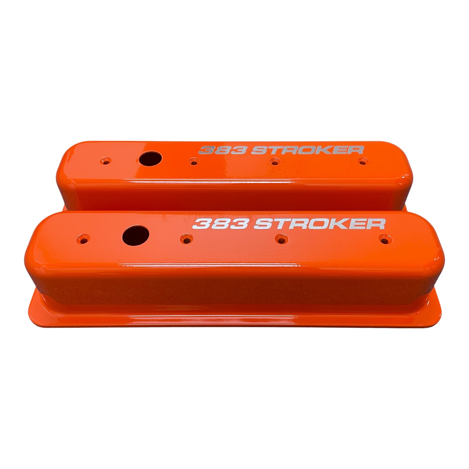 Small Block Chevy Centerbolt Valve Covers | Die Cast Aluminum - 383 Stroker Logo | Orange Powder Coat Finish