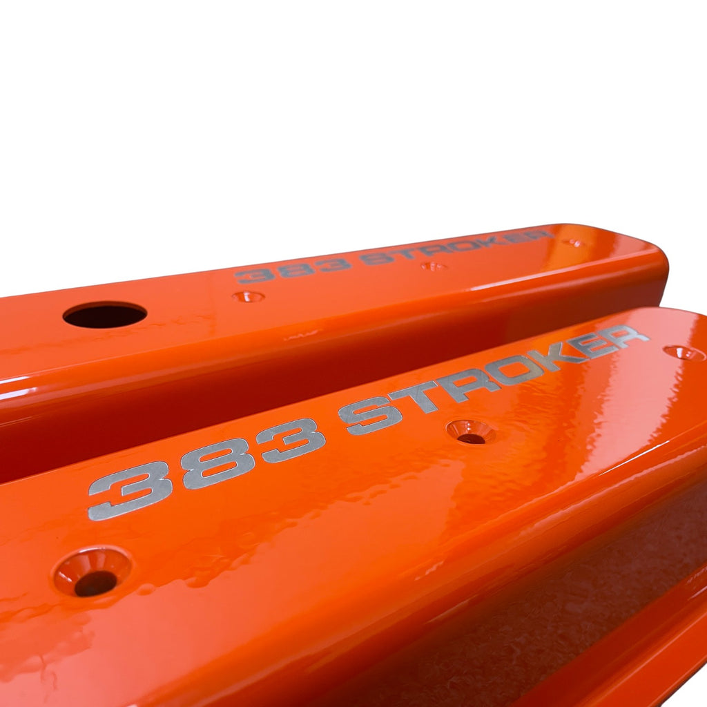 Small Block Chevy Centerbolt Valve Covers | Die Cast Aluminum - 383 Stroker Logo | Orange Powder Coat Finish