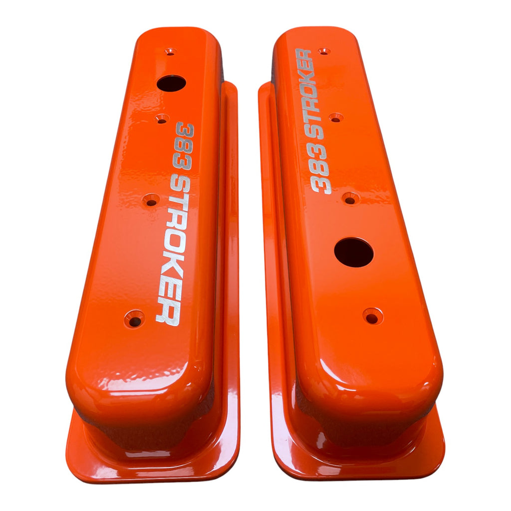 Small Block Chevy Centerbolt Valve Covers | Die Cast Aluminum - 383 Stroker Logo | Orange Powder Coat Finish