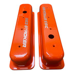 Small Block Chevy Centerbolt Valve Covers | Die Cast Aluminum - 383 Stroker Logo | Orange Powder Coat Finish