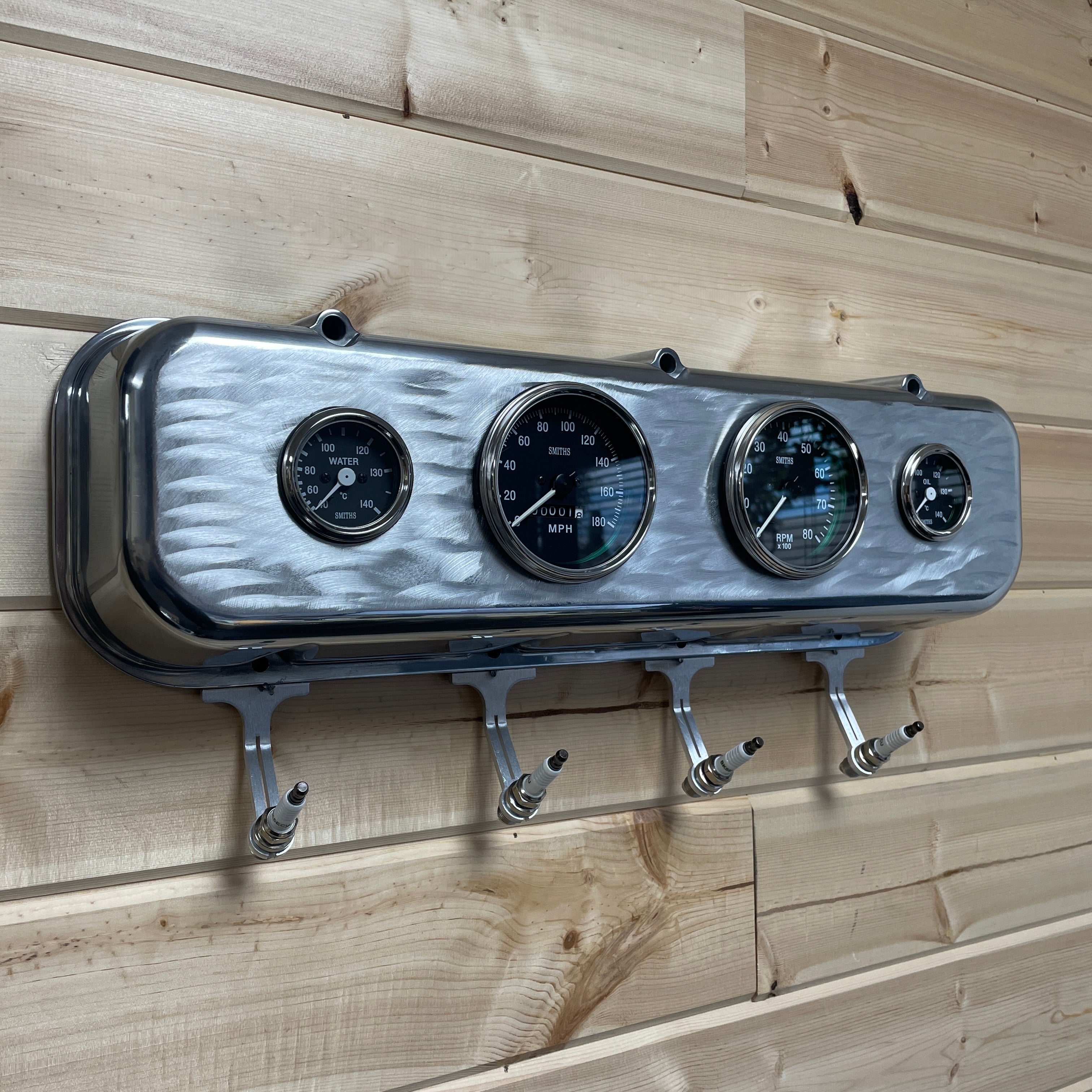 Big Block Chevy Valve Cover Coat Rack | 4-Gauge Design - Die Cast Aluminum | Polished Valve Cover & Black Gauges