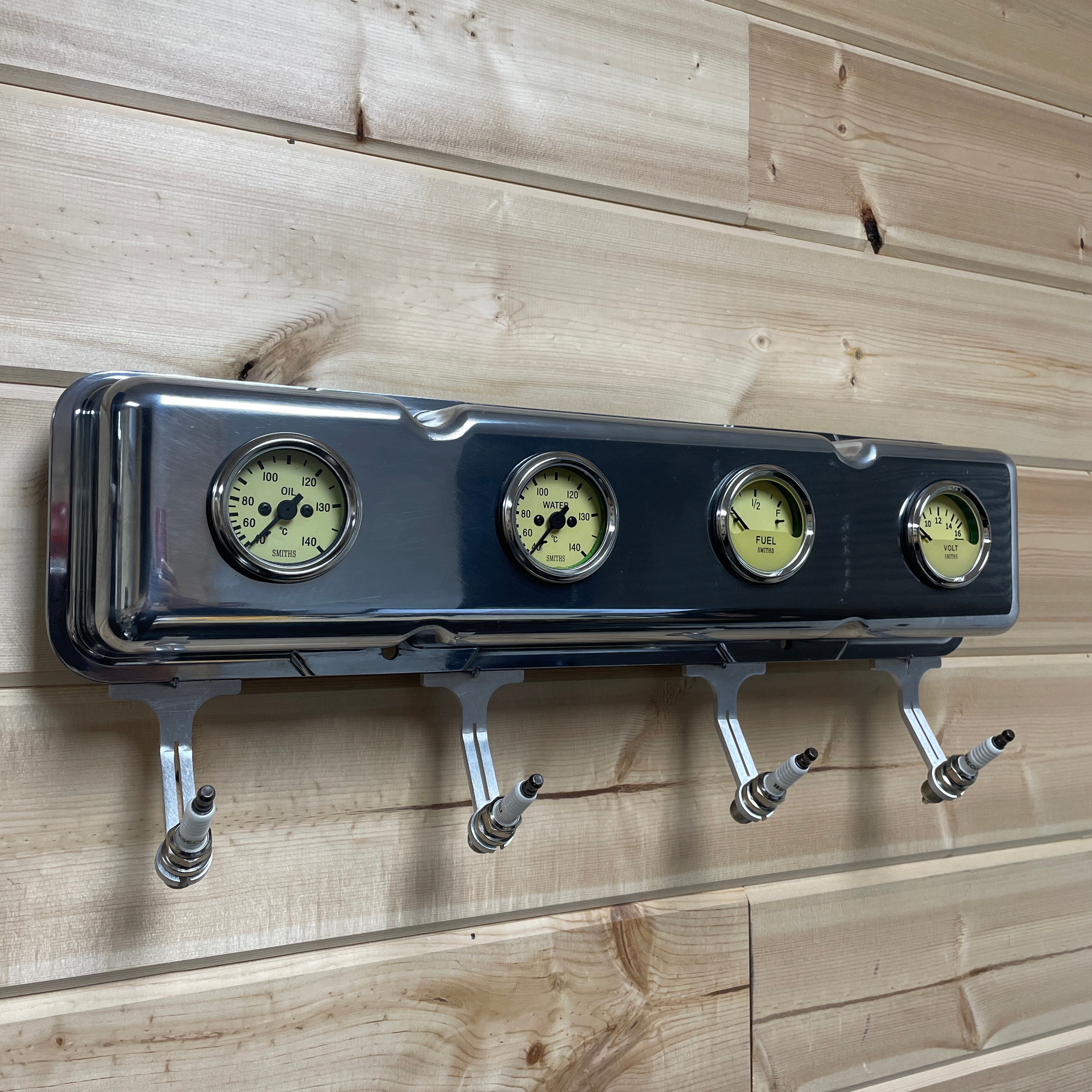 Small Block Chevy Valve Cover Coat Rack | 4-Gauge Design - Die Cast Aluminum | Polished Valve Cover & Yellow Gauges