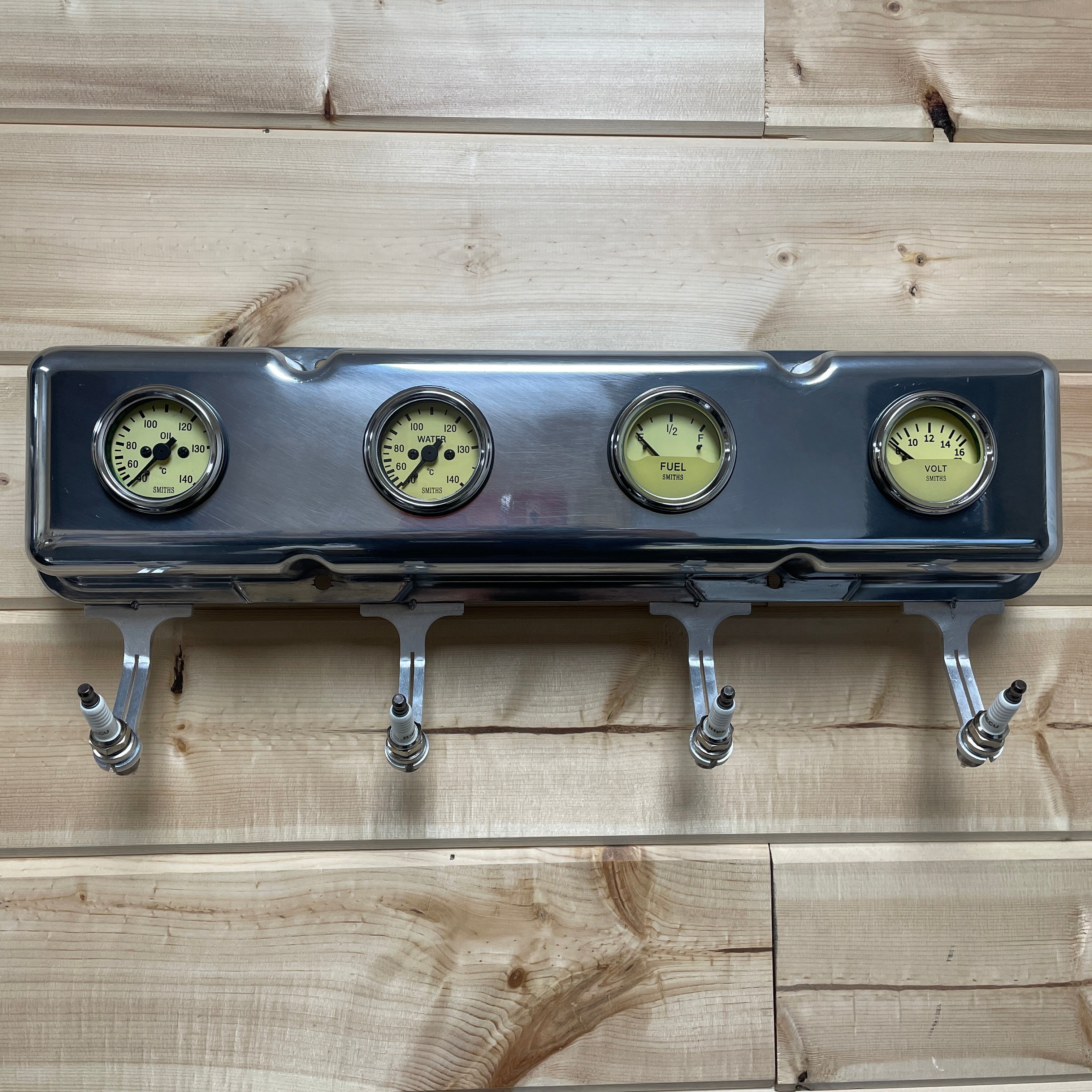 Small Block Chevy Valve Cover Coat Rack | 4-Gauge Design - Die Cast Aluminum | Polished Valve Cover & Yellow Gauges