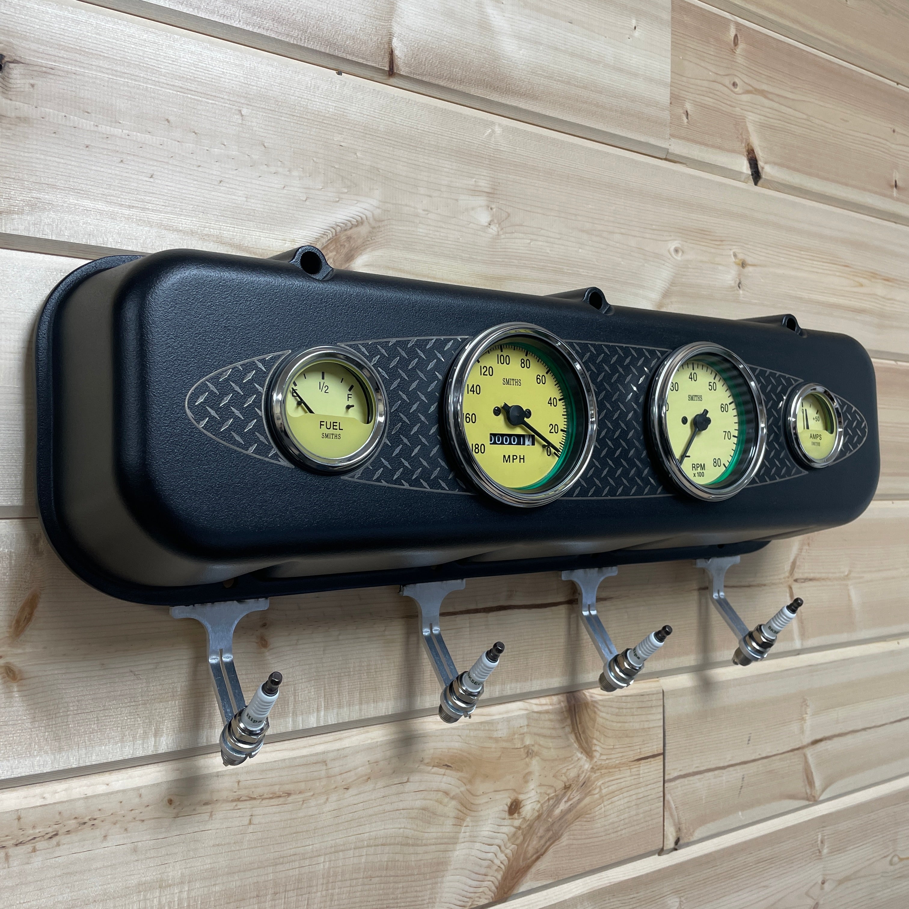 Big Block Chevy Valve Cover Coat Rack | 4-Gauge Design - Engraved - Die Cast Aluminum | Black Valve Cover & Yellow Gauges