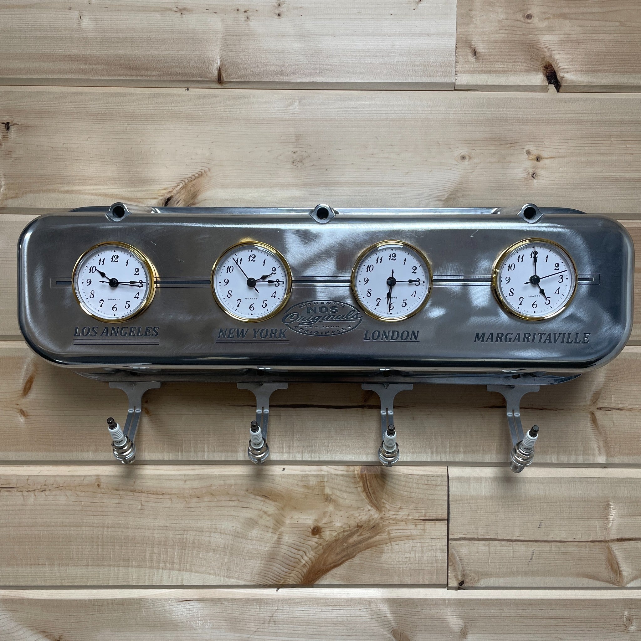 Big Block Chevy Valve Cover Coat Rack | Die Cast Aluminum - 4-Zone Clock | Margaritaville Clock - NOS Originals Logo