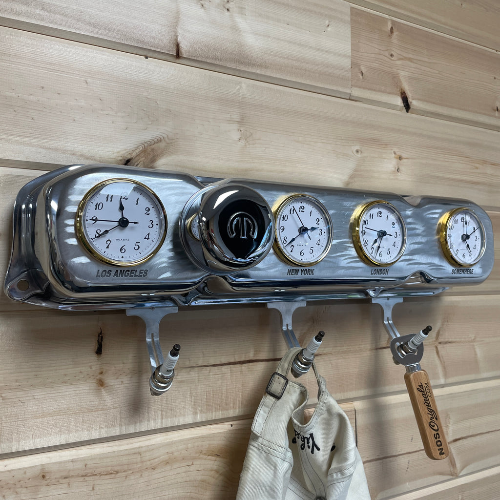 Mopar 383, 400, 440 Valve Cover Coat Rack | Die Cast Aluminum - 4-Zone Clock | Polished Aluminum