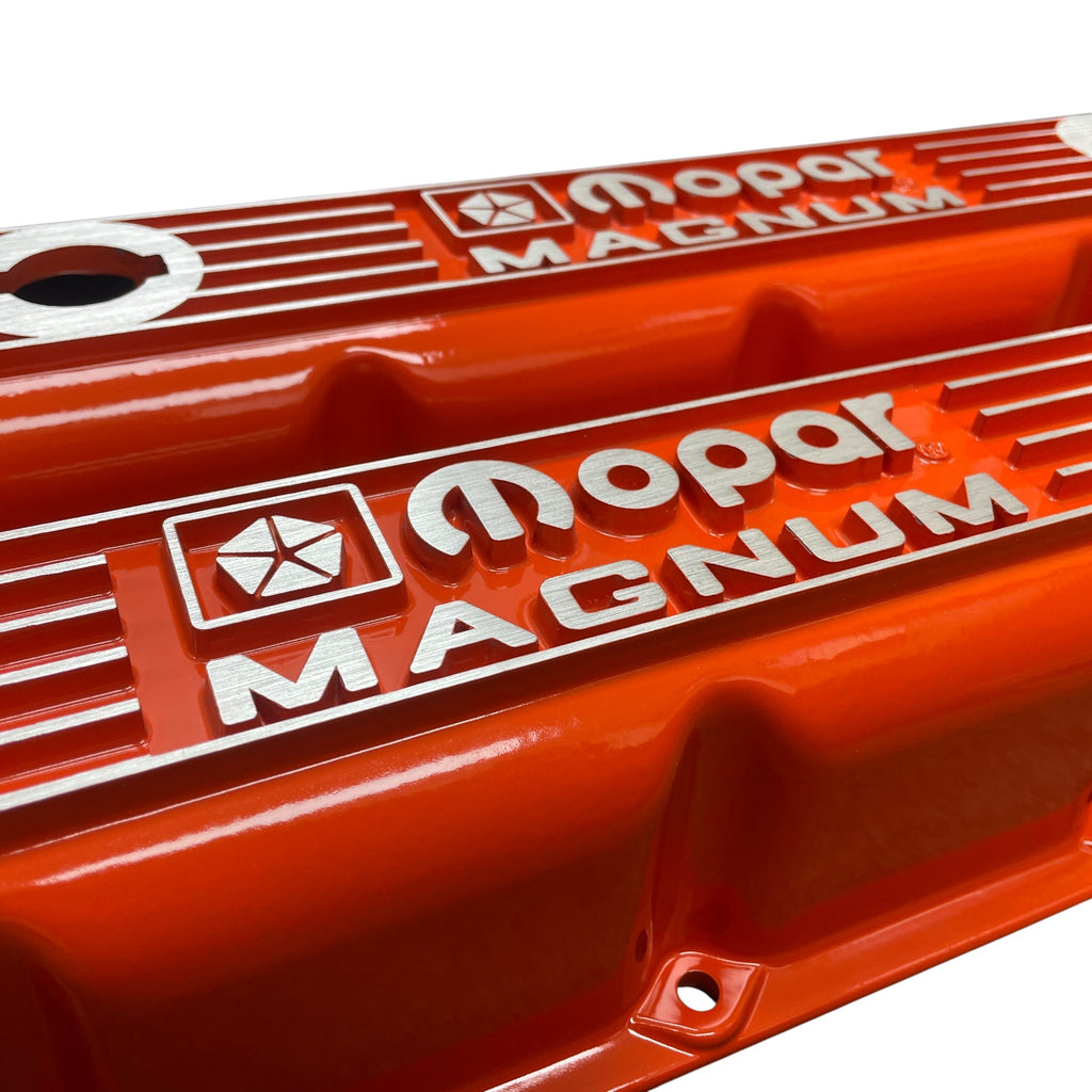 Mopar Performance 5.2L/5.9L Magnum Valve Covers | Die Cast Aluminum - Mopar Magnum Logo | Orange Powder Coat