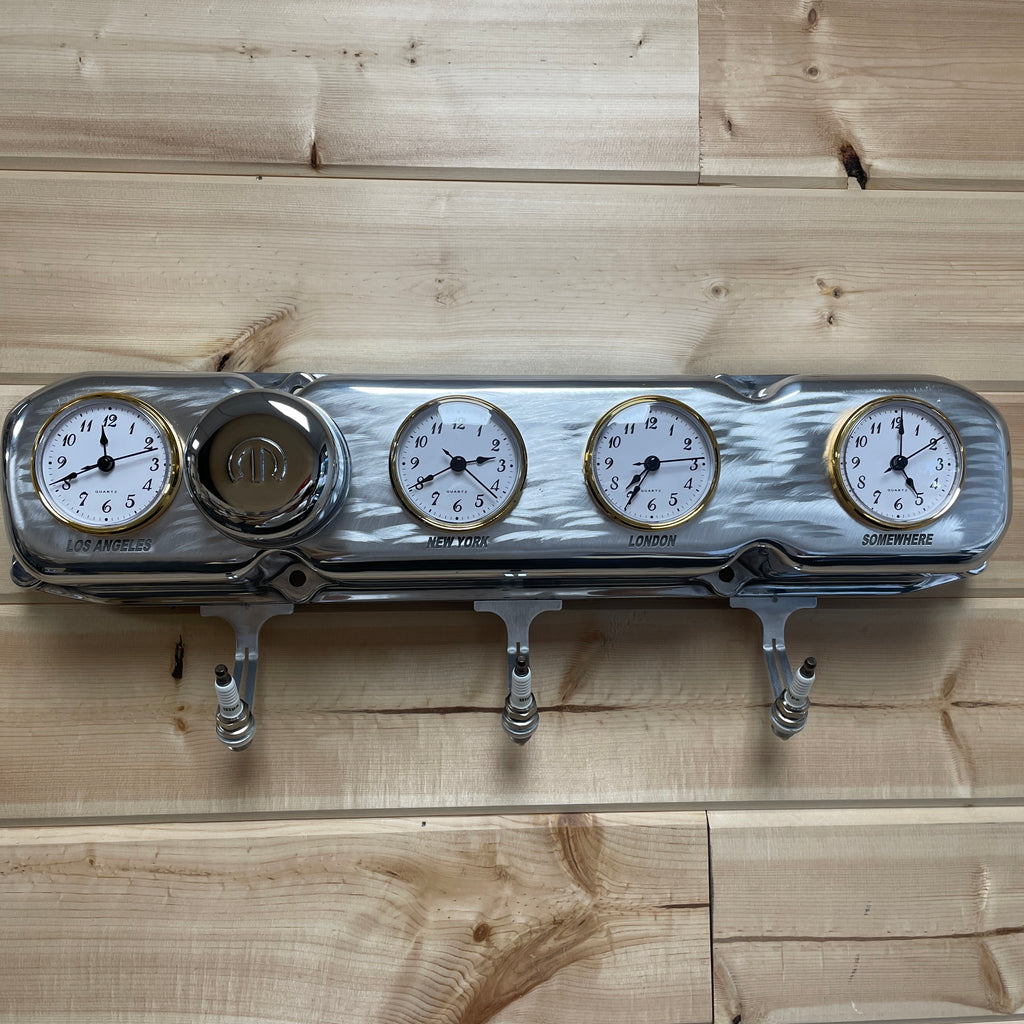 Mopar 383, 400, 440 Valve Cover Coat Rack | Die Cast Aluminum - 4-Zone Clock | Polished Aluminum